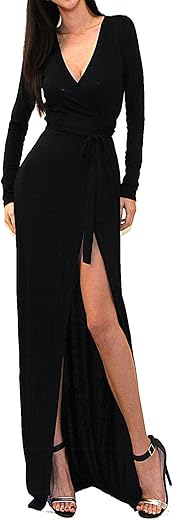 Vivicastle Women'S Sexy Long Sleeve Tulip Wrap Slit Front Full Long Maxi Dress