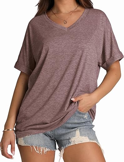 Wiholl Womens Oversized Tshirts Shirts Summer Tops 2024 Fashion Short Sleeve V Neck Outfits Plus Size Clothes