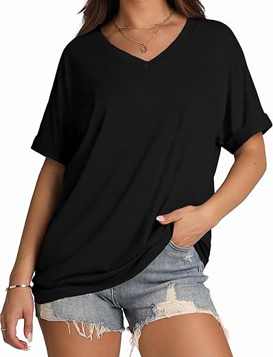 Wiholl Womens Oversized Tshirts Shirts Summer Tops 2024 Fashion Short Sleeve V Neck Outfits Plus Size Clothes