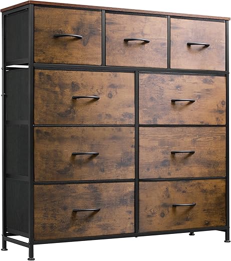 Wlive 9-Drawer Dresser, Fabric Storage Tower For Bedroom, Hallway, Entryway, Closet, Tall Chest Organizer Unit With Fabric Bins, Steel Frame, Wood Top, Easy Pull Handle, Rustic Brown Wood Grain Print