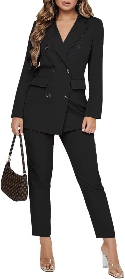 Women Double Breasted Blazer Set Formal 2 Piece Pants Outfits Long Sleeve Bussines Suit Set for Work Office