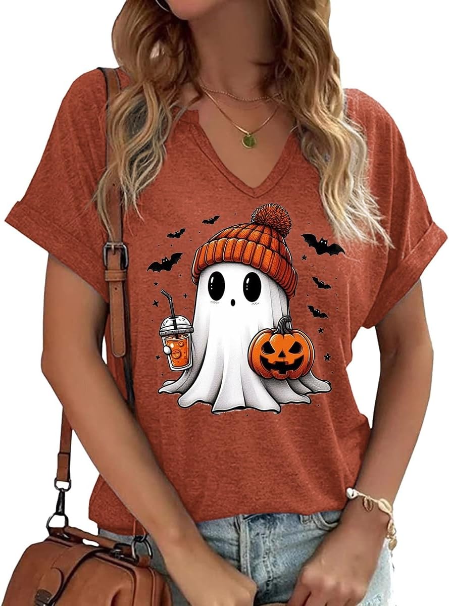 Women Fall Halloween Doodles V Neck Shirt Funny Family Party Celebration Short Sleeve Tee Pumpkin Graphic Thanksgiving Tops…