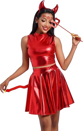 Women Halloween Angle Devil Costume Outfit Wings Halo Headband Wand Devil Horn Pitchfork Tail Cosplay Set