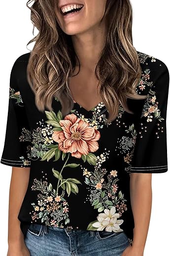 Womens 2024 Summer Half Sleeve Tops Casual V Neck Summer Shirts Loose Fit Elbow Length Sleeve Blouses