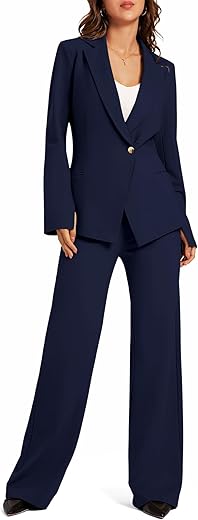 Women's 2 Piece Blazer Outfits Business Casual Asymmetrical Jacket Button Wide Leg Pants Dressy Suit Sets