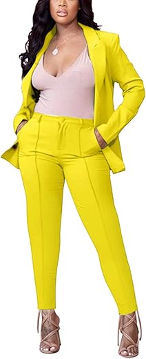 Women'S 2 Piece Outfit Deep V Long Sleeve Solid Color Blazer With Pants Elegant Business Suit Sets