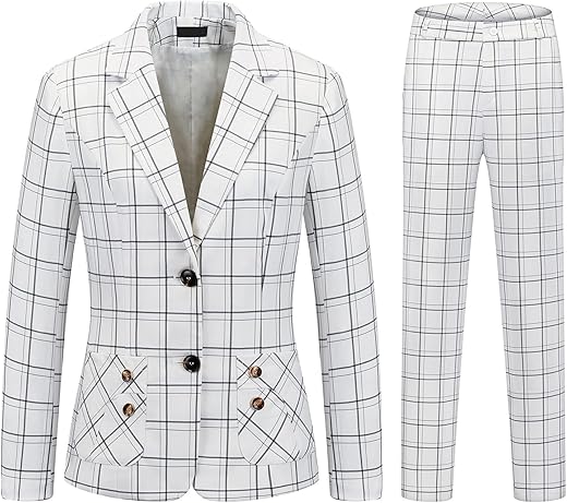 Womens 2 Piece Plaid Suits Set Business Office One Button Blazer Jacket Casual Long Sleeve Pant Suit Set