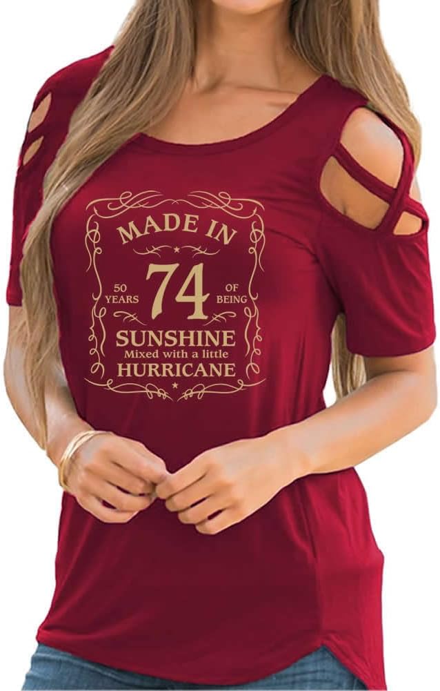 Women'S 50Th Birthday Gifts Made In 74 Graphic Print Cold Shoulder Short Sleeve T-Shirts Casual Top