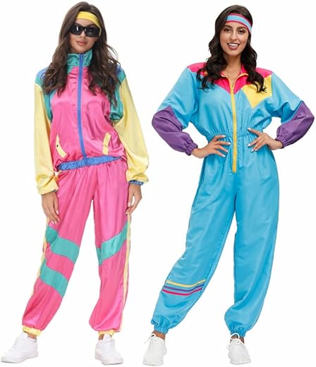 Womens 80S Tracksuit Retro Hip Hop Windbreaker Women Disco Tracksuit Sets Colorblock One Piece Outfits Set