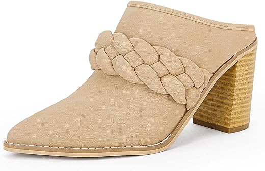 Womens Chunky Block Heel Mules Braided Strap Backless Booties Slip On Closed Pointed Toe Shoes