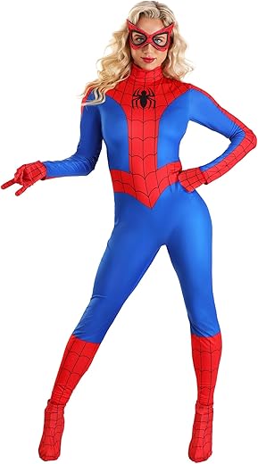 Women'S Premium Classic Spider-Man Costume - Red &Amp; Blue Bodysuit With Mask, Gloves, Boot Covers