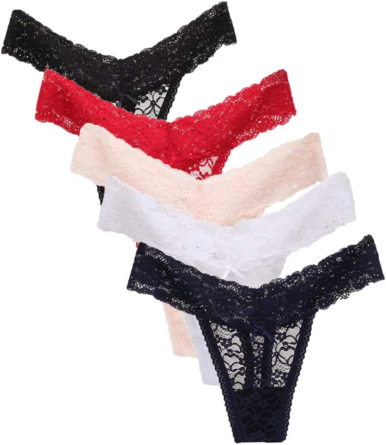 Women'S Sexy Lace Thongs V Cheeky Underwear See Through Panties Pack Of 5