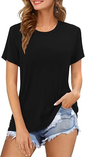 Womens Short Sleeve T Shirts Crewneck Summer Trendy Solid Basic Tee Tops Casual Summer Loose Fit Shirts