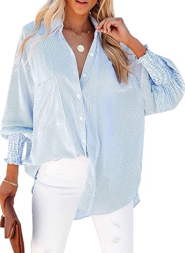 Women'S Smocked Cuffed Striped Boyfriend Shirt With Pocket Casual Collar Long Sleeve Blouse Tops For Pocket Shirred