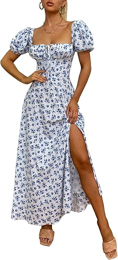 Women'S Summer Puff Sleeve Floral Split Maxi Dress Flowy A Line Casual Beach Long Dresses 2024