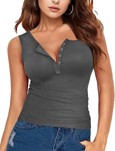 Womens Summer Tank Tops, Sleeveless Henley Tank Tops Ribbed V Neck Button Down, Solid Blouse Shirts Casual Summer Tops