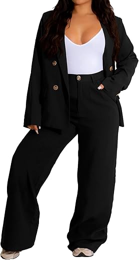 Women'S Two Piece Outfits Casual Blazer Jacket Wide Leg Work Pants Business Suit Sets With Pocket