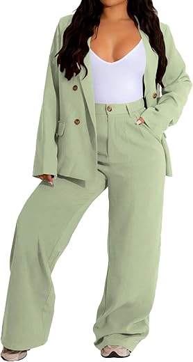 Women'S Two Piece Outfits Casual Blazer Jacket Wide Leg Work Pants Business Suit Sets With Pocket