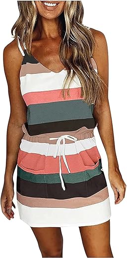 Women Summer Casual Striped Dress Sleeveless Halter Strap Flowy Boho Dress With Pockets