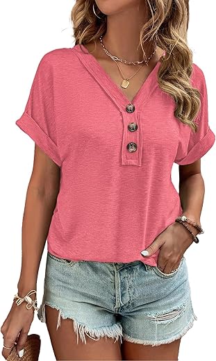 Women Summer Tops Spring Fashion Button Down Shirts Short Sleeve Tshirts Casual T Shirts V Neck Clothes