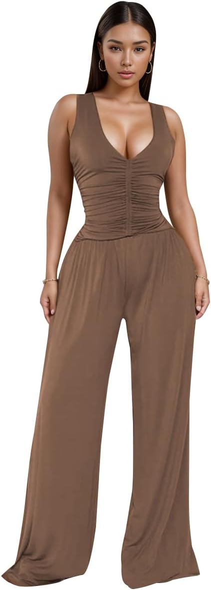 Wusenst Jumpsuits For Women Casual Strapless Strap Sexy V Neck Ruched High Waist Wide Leg Overalls With Pockets