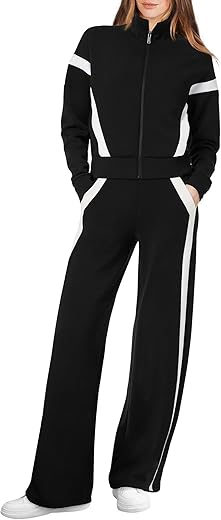 Xieerduo Lounge Sets For Women 2024 Sweatsuit 2 Piece Outfits Sweatshirt Wide Leg Sweatpant Tracksuit Matching Set