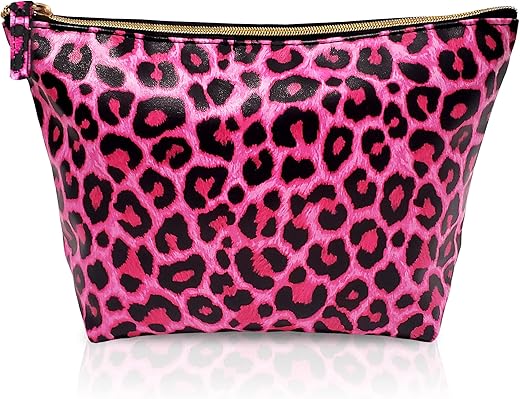 Y2K 2000S Mcbling Makeup Bag - Vegan Leather Hot Pink Leopard Makeup Bag – Black Pink Cheetah Print Small Make Up Bag - Pink Girly Stuff Hot Pink Gifts For Women Cute Pink Accessories Aesthetic Things