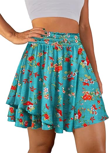 Yesno Flowy Summer Ruffle Boho Skorts Skirts For Women Floral Casual Elastic High Waist Shorts With Pockets Ps1