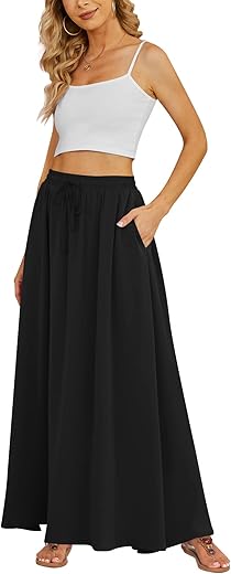 Yincro Women'S Flowy Maxi Skirt Summer Pleated High Waisted Casual Long Skirts With Pockets