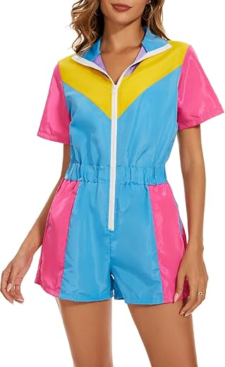 Yisfri Color Block One Piece Windbreaker Outfits For Women Neon Short Sleeve Zip Front Elastic Waist Jumpsuit Overall