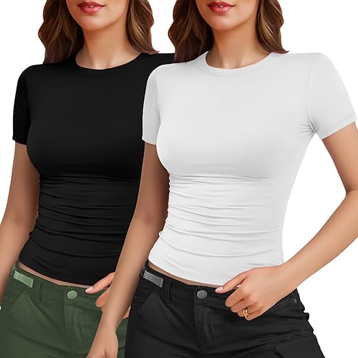 Yogingo 2 Pack Womens Basic Short Sleeve Crew Neck T Shirt Slim Fit Tee 2024 Summer Y2K Going Out Crop Tops Tight Shirts