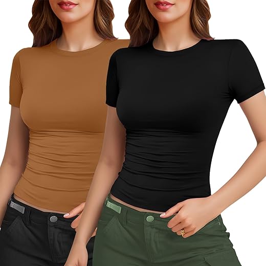 Yogingo 2 Pack Womens Basic Short Sleeve Crew Neck T Shirt Slim Fit Tee 2024 Summer Y2K Going Out Crop Tops Tight Shirts