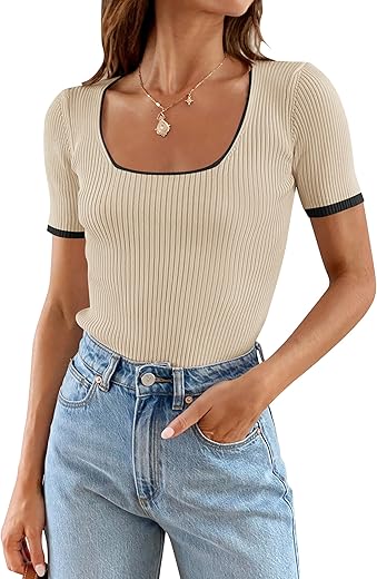 Zesica Women'S Short Sleeve Square Neck Color Block T Shirt 2024 Summer Slim Fit Ribbed Knit Basic Tee Tops