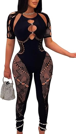 Zilezile Women'S Sexy See Through Outfit One Piece Bodycon Cut Out Mesh Jumpsuit