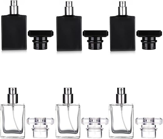 6 Pack 30Ml / 1 Oz Clear Black Refillable Perfume Bottle, Portable Square Empty Glass Perfume Atomizer Bottle Spray Applicator With 4 Kinds Of Perfume Dispenser(3 Pack Clear 3 Pack Black Assorted