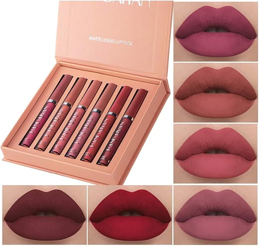 6Pcs Matte Liquid Lipstick Makeup Set, Matte Liquid Long-Lasting Wear Non-Stick Cup Not Fade Waterproof Lip Gloss (Set A)