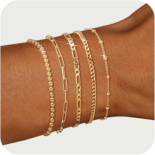 Adoyi Gold Bracelets For Women, 14K Gold Plated Bracelet Stack Set Adjustable Stackable Charm Bracelets Paperclip Chain Cuban Link Layered Waterproof Bracelet Sets Gifts For Womens 6.0/6.8/7.2&Quot;