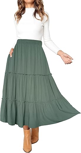 Afibi Womens High Waist A Line Ruffle Swing Long Maxi Skirt With Pockets