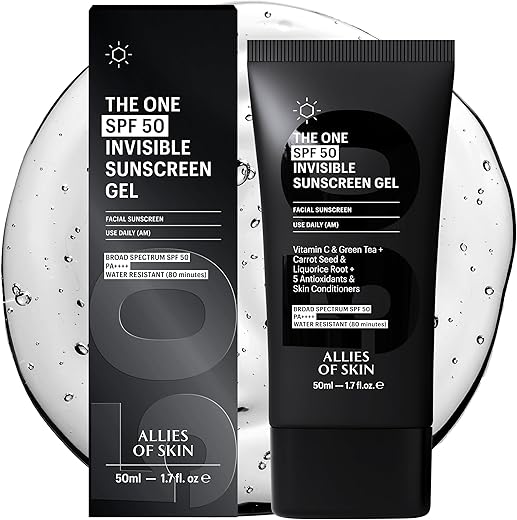 Allies Of Skin - The One Spf 50 Invisible Sunscreen Gel With Vitamin C, Green Tea, Carrot Seed, Red Raspberry Seed Oil &Amp; Licorice Root, And 5 Antioxidants &Amp; Skin Conditioners. 50 Ml/ 1.7 Oz