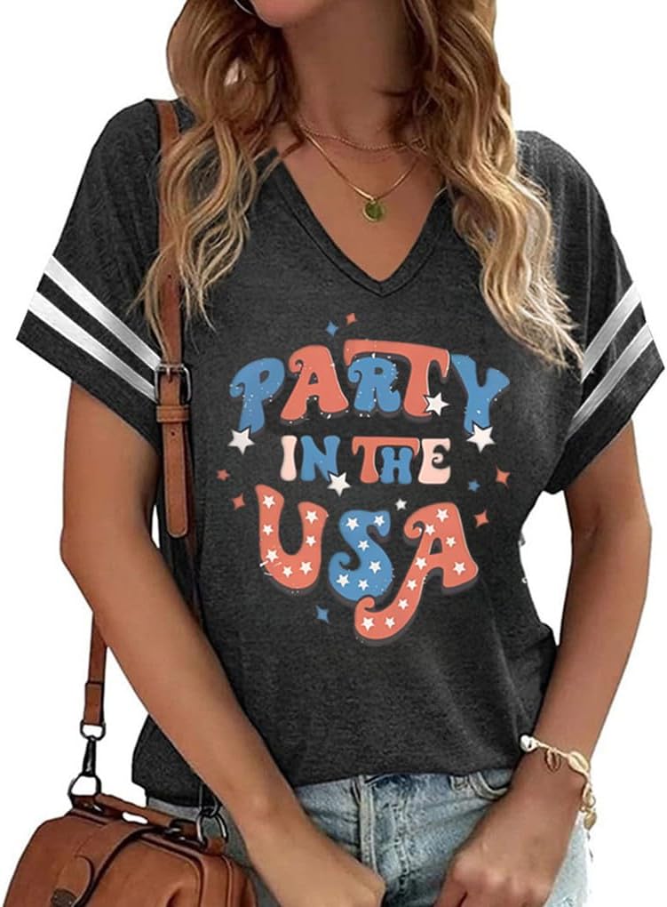 American Flag Shirts Women 4Th Of July V-Neck Short Sleeve Patriotic T-Shirt Memorial Day Graphic Tee Independence Day Tops