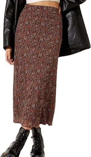 Avanova Women Ditsy Floral Bohemian Mesh Midi Skirt Elastic High Waisted Flowy Summer Long Skirt