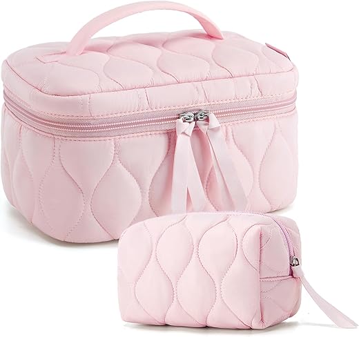 Bagsmart Travel Makeup Bag, 2-Piece Puffy Quilted Cute Make Up Bag Cosmetic Bags For Women, Large Wide-Open Toiletry Pouch Gifts For Toiletries Accessories Travelling Essentials, Pink