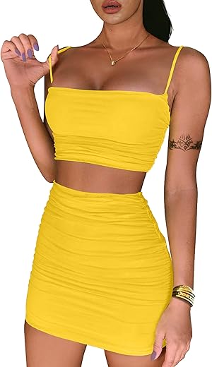 Beagimeg Women'S Ruched Cami Crop Top Bodycon Skirt 2 Piece Outfits Dress