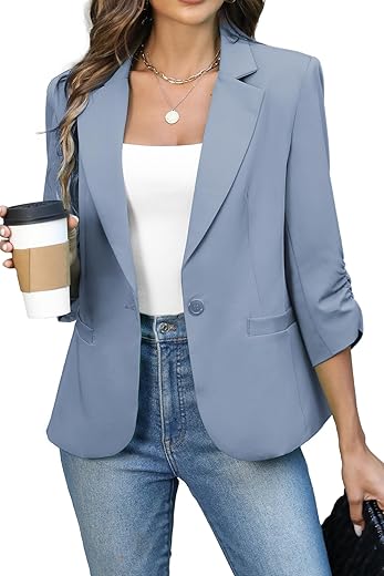 Elleven Women'S Ruched 3/4 Sleeve Blazers, Lightweight Slim Fit Jackets With Padded Shoulder For Business Casual