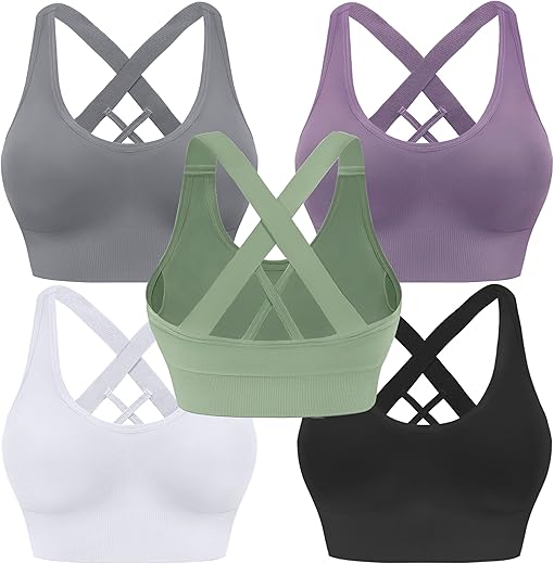 Evercute Sports Bra For Women Padded Medium Support Criss Cross Strappy Bras Seamless High Impact Yoga Exercise Athletic Bras