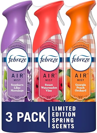 Febreze Air Mist Odor-Fighting Air Freshener Mixed Scent, Southern Lilac Mornings, Georgia Peach Orchard, Sweet Watermelon Vine, 8.8 Oz. Aerosol Can, Pack Of 3