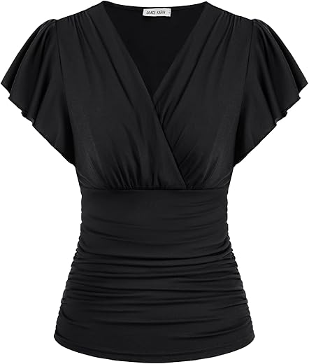 Grace Karin 2024 Womens Tops Summer Wrap Blouse V Neck Ruffle Sleeve Dressy Casual Top Ruched T-Shirts