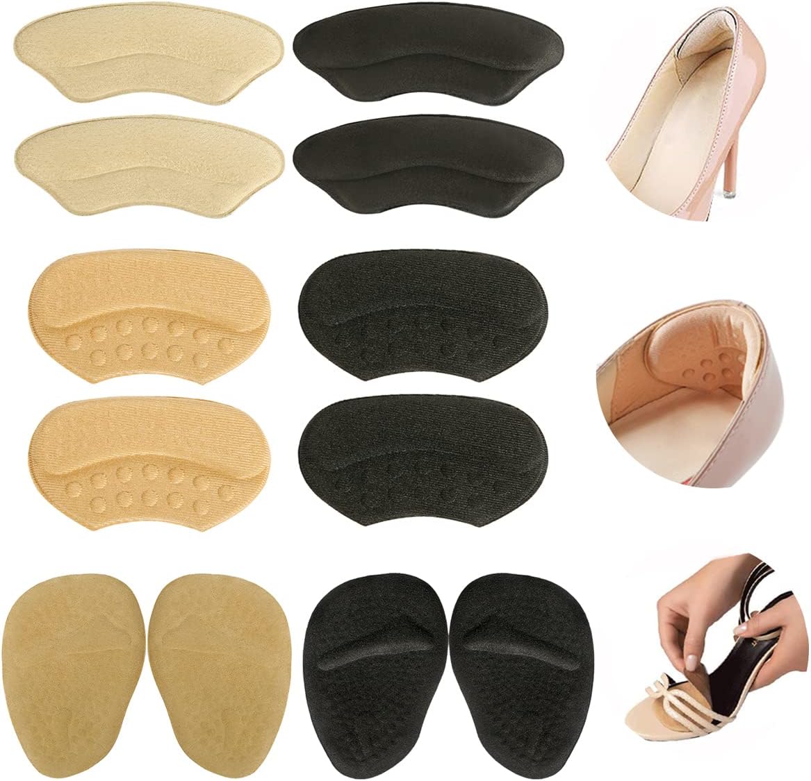 Heel Grips Liner Cushions Inserts For Loose Shoes Heel Pads And Metatarsal Pads For Shoes Too Big Women Men Prevent Heel Pain Blisters (Beige+Black)