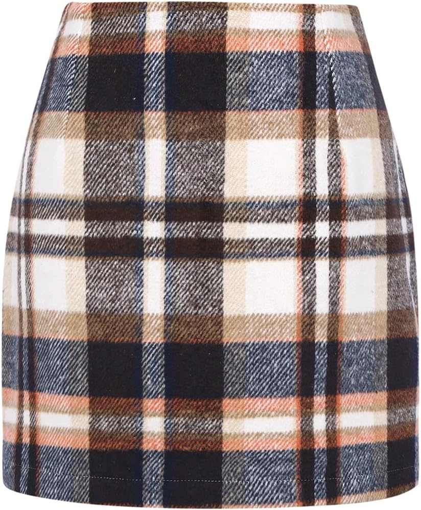 Idealsanxun Womens High Waist Plaid Skirt Bodycon Pencil Wool Mini Skirts