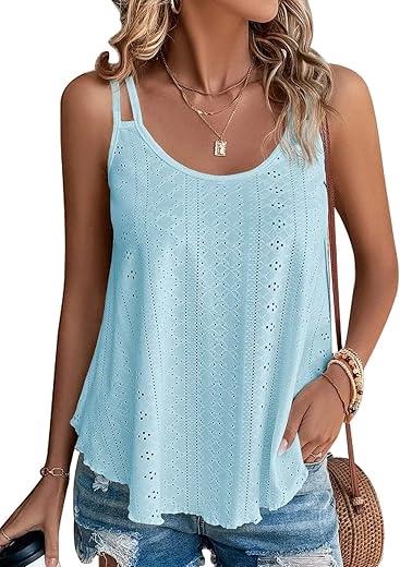 Kkj Womens Fashion Tank Tops Eyelet Embroidery Sleeveless Camisole Scoop Neck Loose Casual 2024 Summer Clothes Flowy Shirts